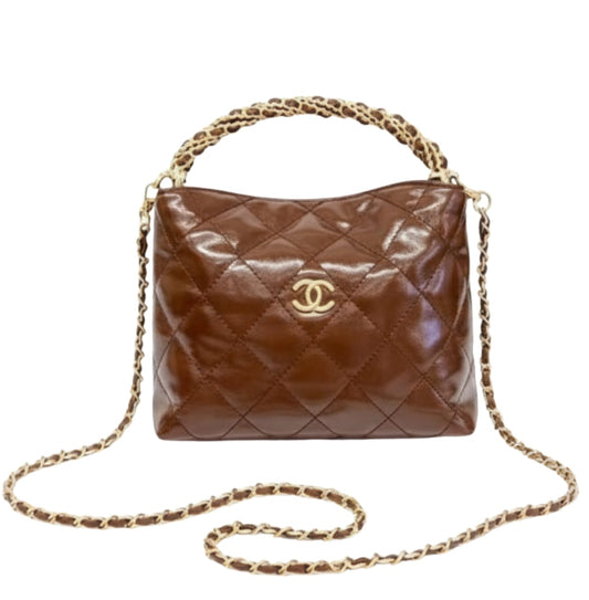 Chanel | Quilted Braided Handle Chain Hobo In Brown Leather.